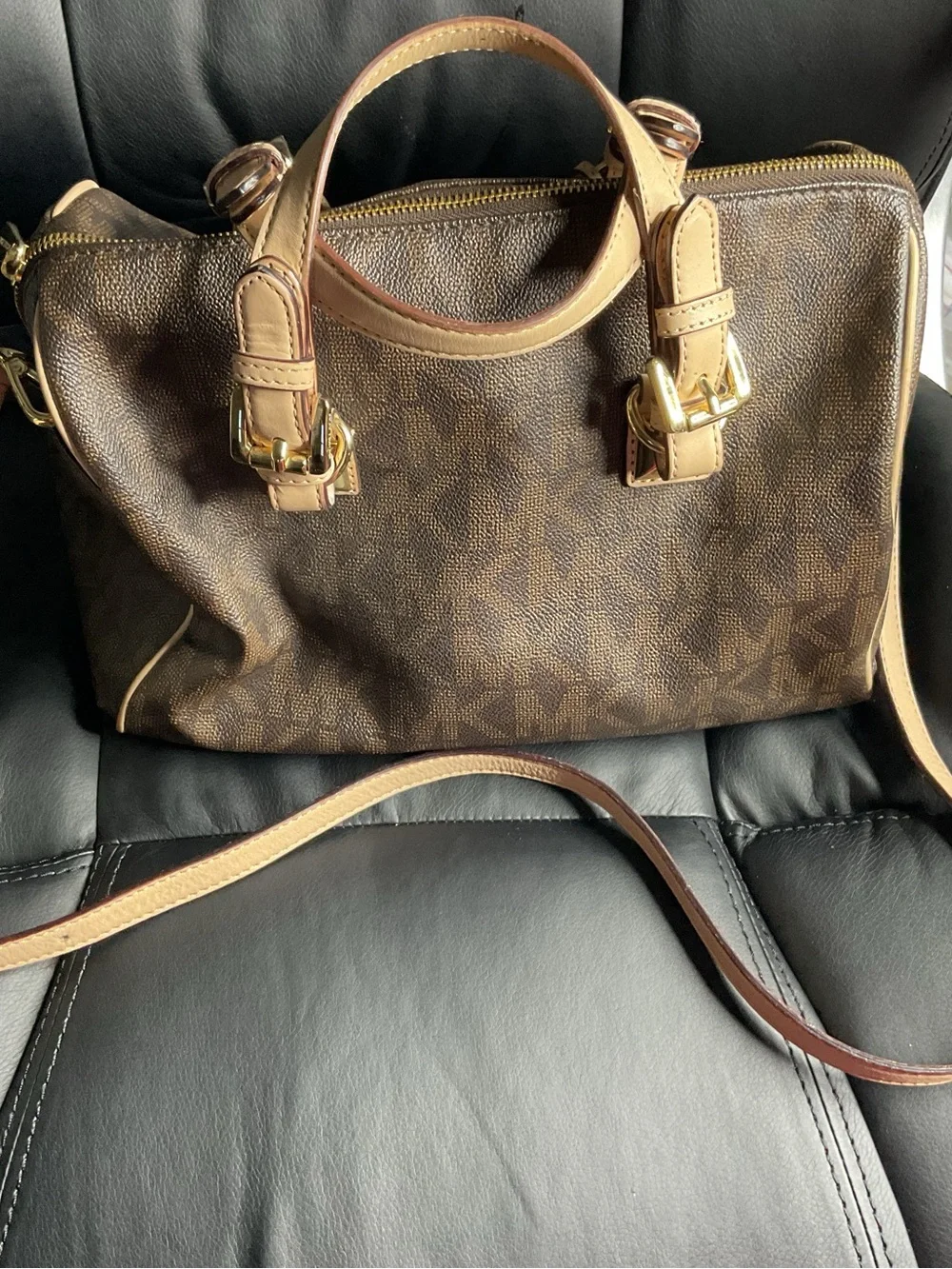 Michael Kors Brown MK Logo Messenger with Tan Trim and Gold Hardware